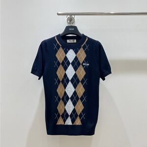 Miu Miu Navy and Tan Argyle Short Sleeve Tee